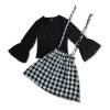 Girls Three Quarter Black Top & Check Skirt with Lace